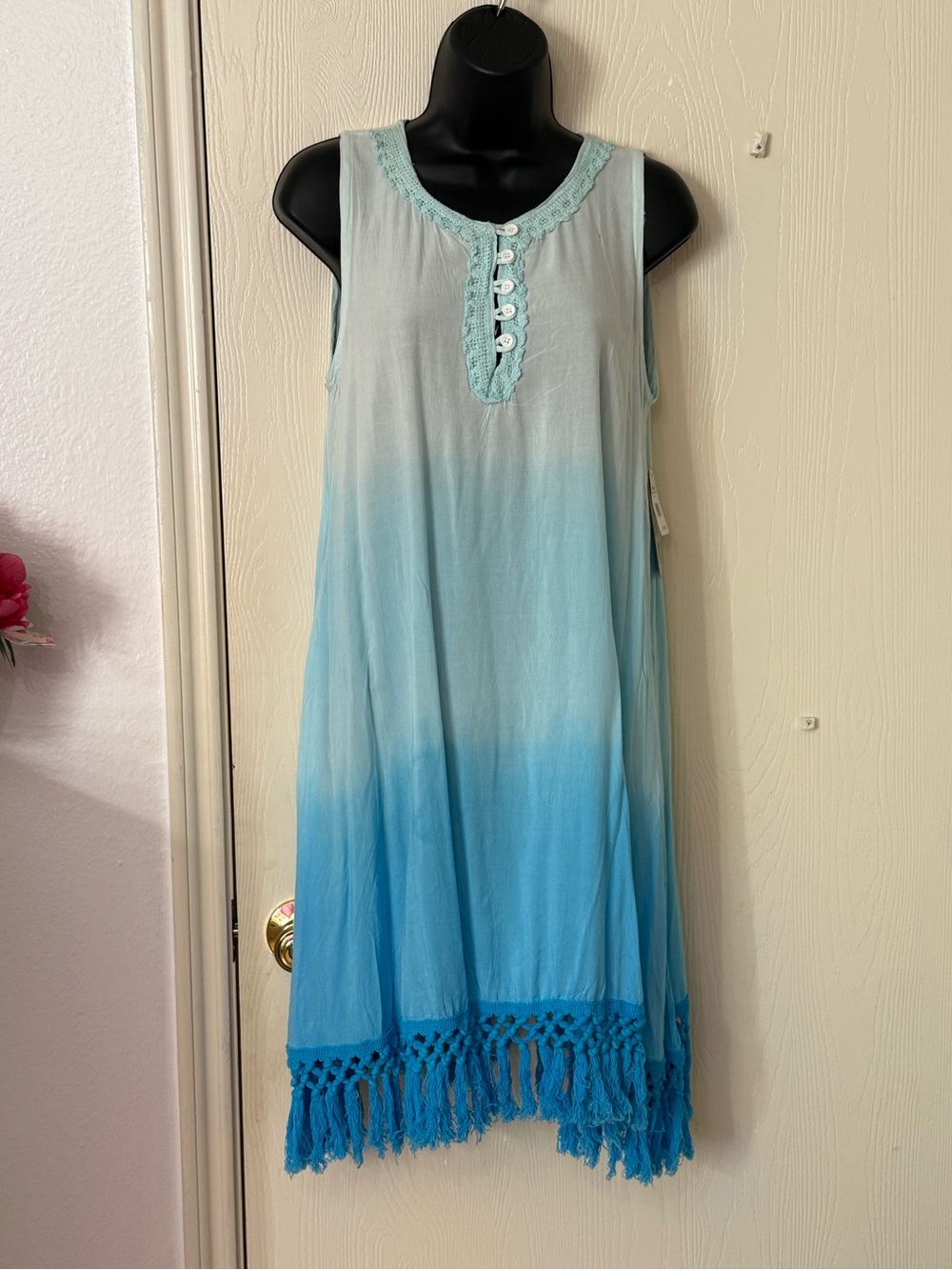 Sleeveless Ombre Blue Fringe Dress - Light to Bright Blue